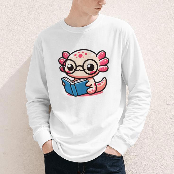 Adorable Book Lover Axolotl With Reading Glasses Cute Youth Long Sleeve Tee
