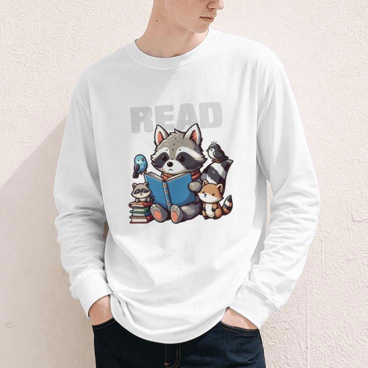 Animals Raccoon Reading Book Librarian Across America Kids Youth Long Sleeve Tee