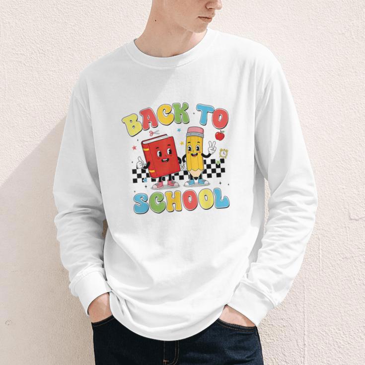 Back To School Checkered Book Pencil Groovy Teacher Student Youth Long Sleeve Tee