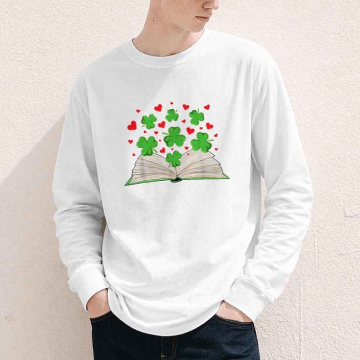Book With Shamrocks Librarian Saint Patrick's Day Kids Youth Long Sleeve Tee