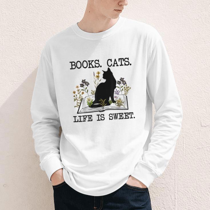 Books Cats Life Is Sweet Cat Book Lover Men Women Teen Youth Long Sleeve Tee