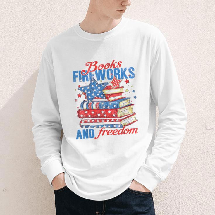 Books Fireworks And Freedom 4th Of July Book Lover Youth Long Sleeve Tee