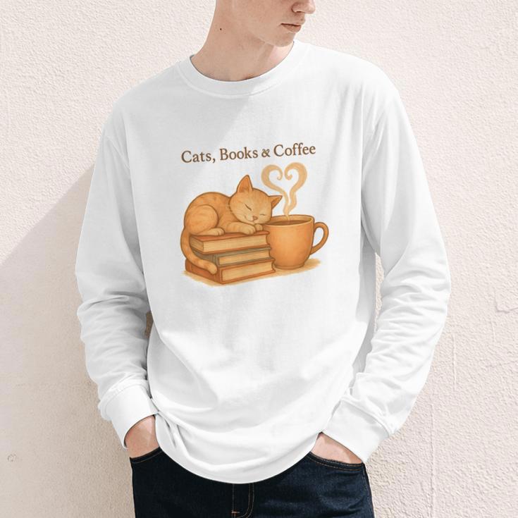 Cats Books And Coffee Heart Cozy Cat Lover Bookworm Readers Youth Long Sleeve Tee