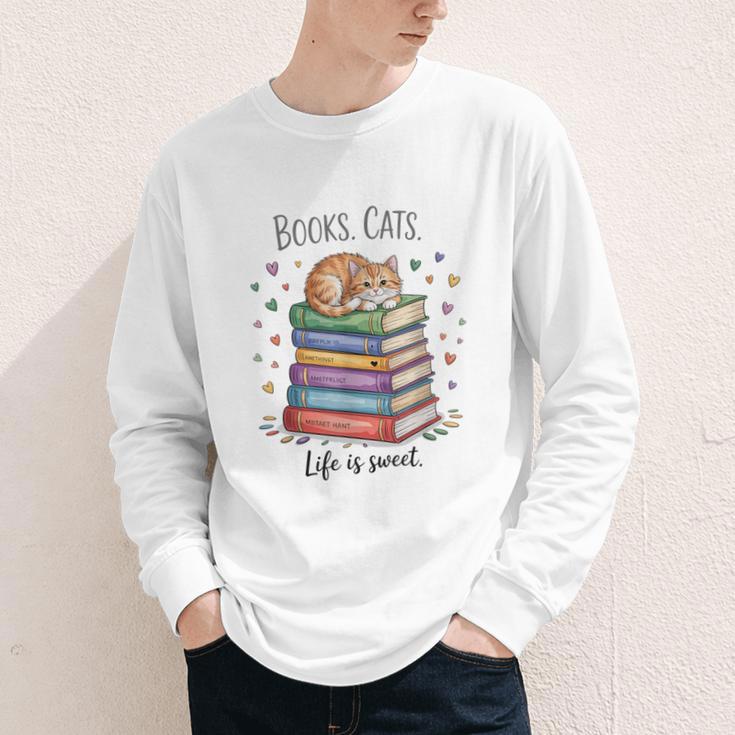 Cats Books Lover Men Women Youth Long Sleeve Tee