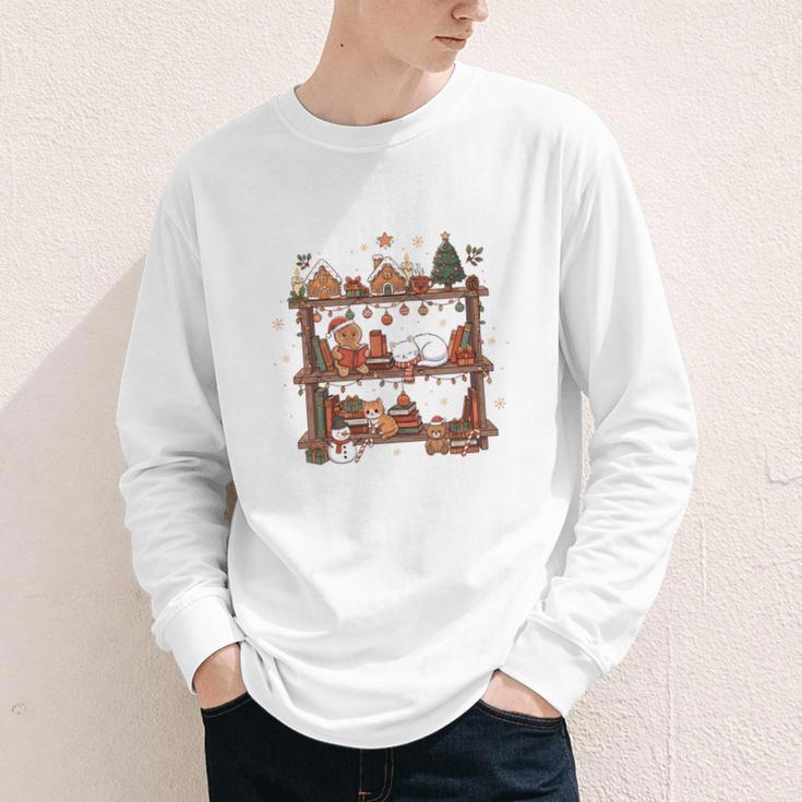 Christmas Cats Bookshelf Gingerbread Youth Long Sleeve Tee