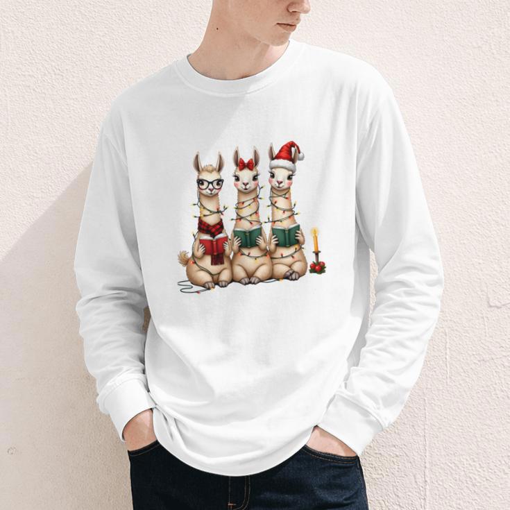 Christmas Three Llamas Reading Reading Books Llama Lover Youth Long Sleeve Tee