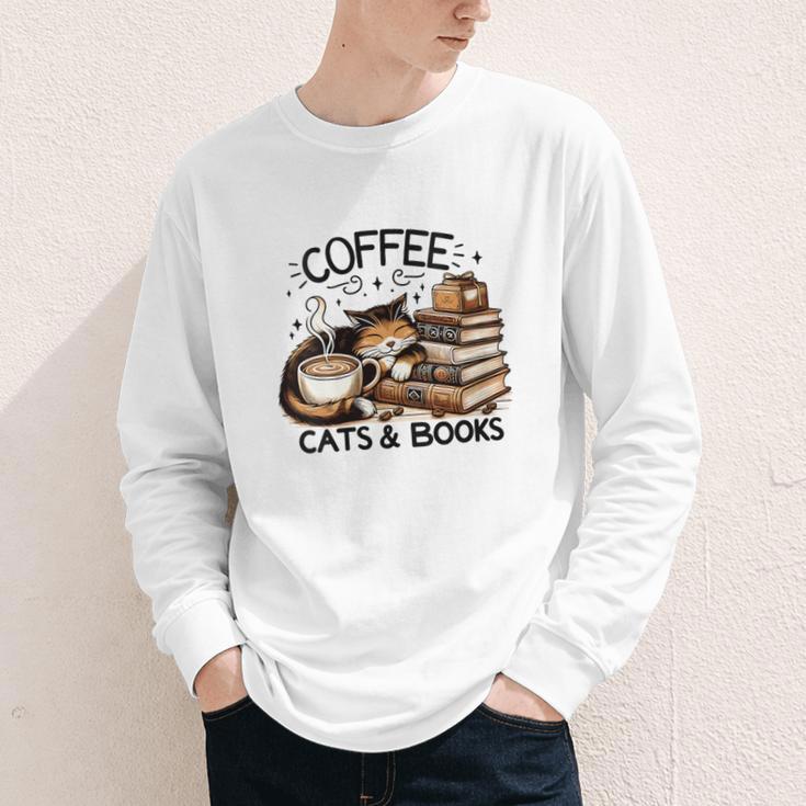 Cute Coffee Cats Books Lover Idea Women Men Kids Youth Long Sleeve Tee
