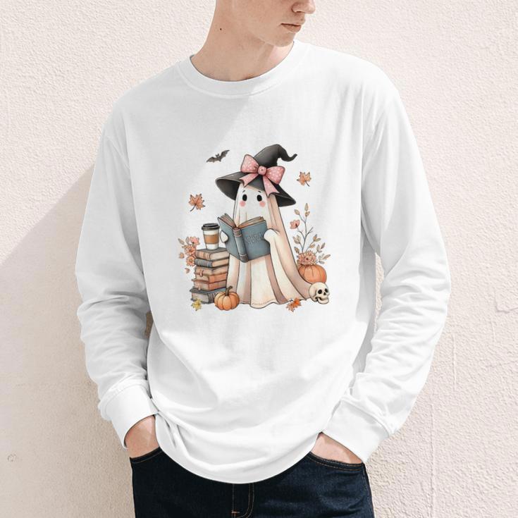 Cute Ghost Reading Book Librarian Book Lover Youth Long Sleeve Tee
