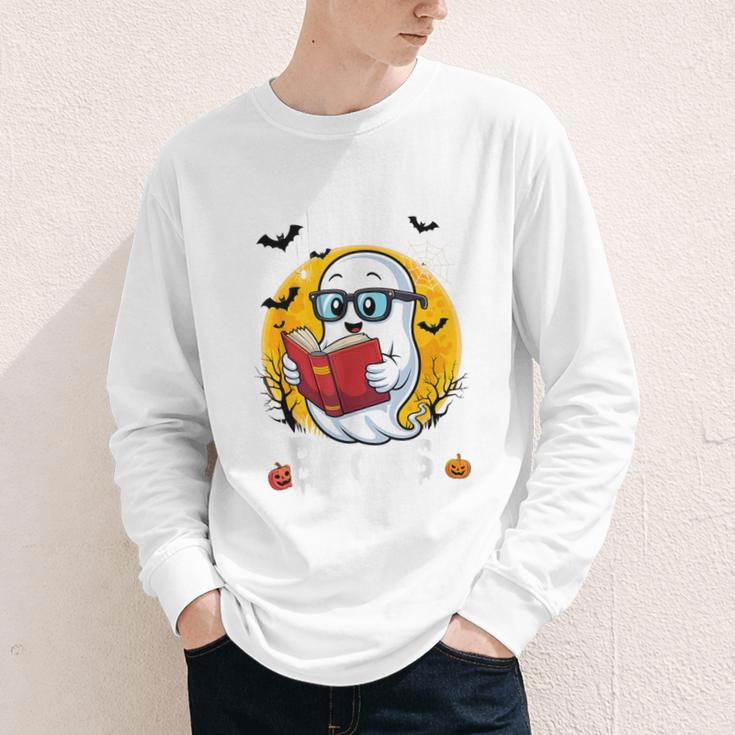 Cute Ghost Reading Book Retro Halloween Librarian Youth Long Sleeve Tee