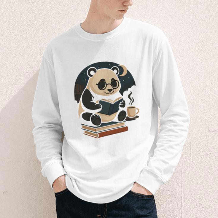 Cute Panda Reading Book Under Moon Bookworm Coffee Lover Youth Long Sleeve Tee