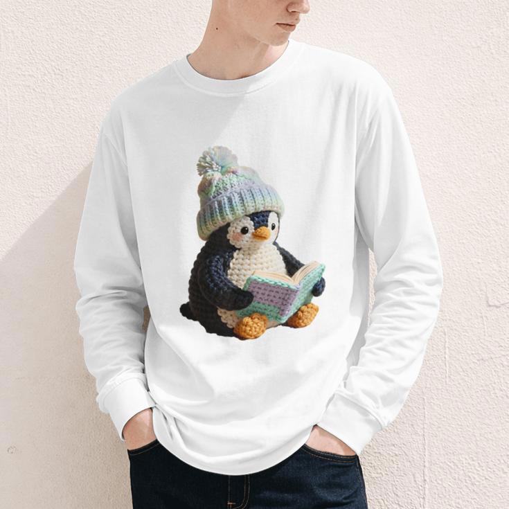 Cute Penguin Reading Book Faux-Crochet Print Youth Long Sleeve Tee