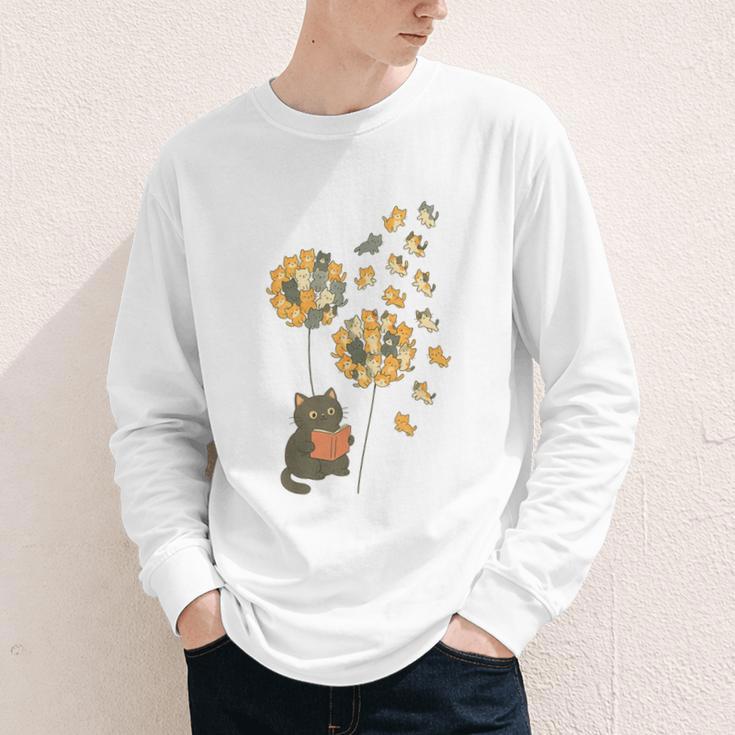Cute Reading Cat With Kitten Dandelion Flowers Book Lover Youth Long Sleeve Tee