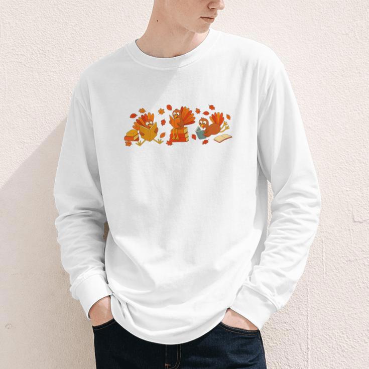 Cute Turkey Reading Book Librarian Bookworm Thanksgiving Men Youth Long Sleeve Tee
