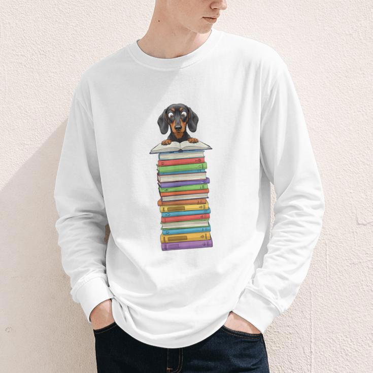 Cute Wiener Dog Dachshund Reading On Pile Of Books Youth Long Sleeve Tee