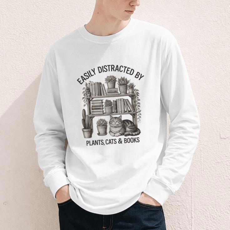 Easily Distracted By Plants Cats & Books Planting Gardening Youth Long Sleeve Tee