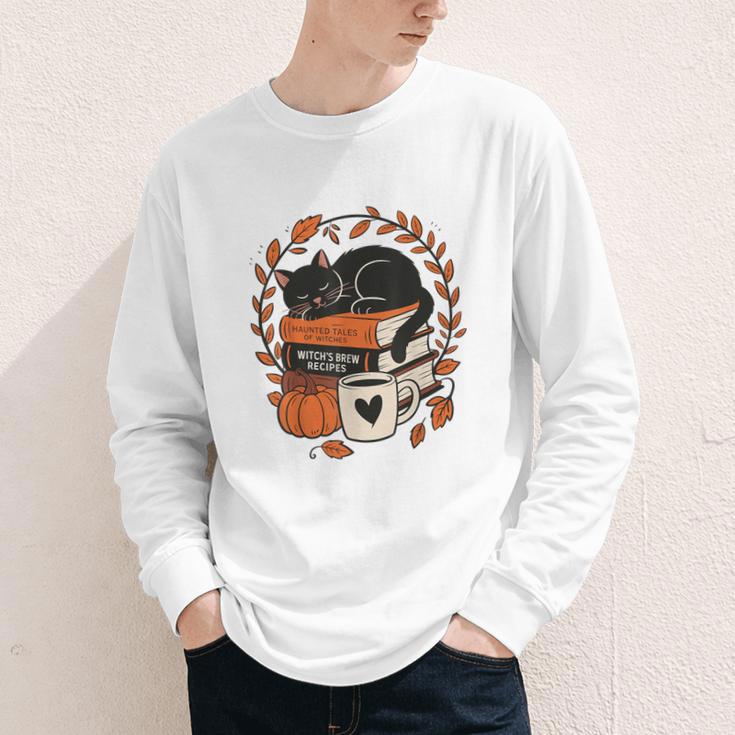 Fall Book Teacher Cat Books Halloween Autumn Librarian Youth Long Sleeve Tee