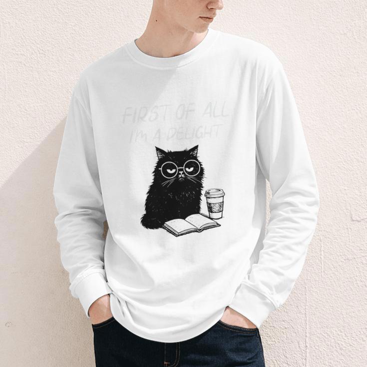 First Of All I’m A Delight Cute Cat Books Coffee Humor Youth Long Sleeve Tee