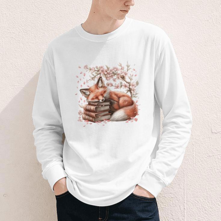 Fox And Book Lover Graphic For Women And Spring Pink Flower Youth Long Sleeve Tee