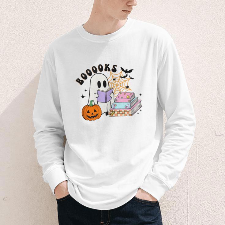 Ghost Reading Halloween Women Teacher Book Lover Youth Long Sleeve Tee