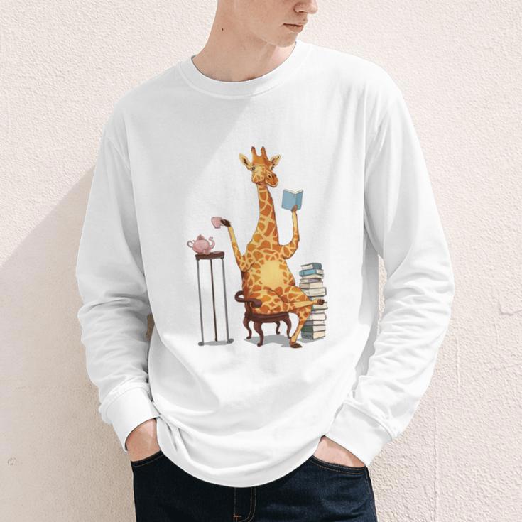 Giraffe Reading Tea Books Coffee Book Lover Graphic Youth Long Sleeve Tee