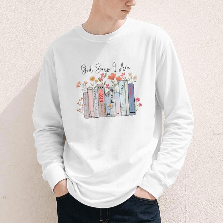 God Says I Am Book Bible Verse Christian Girls Women Youth Long Sleeve Tee