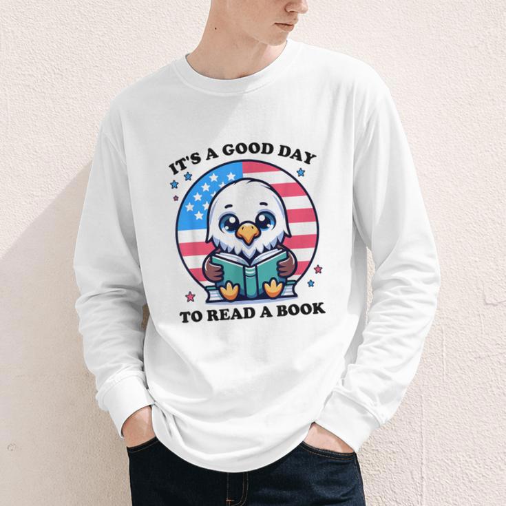 A Good Day To Read a Book Reading Eagle With American Flag Youth Long Sleeve Tee
