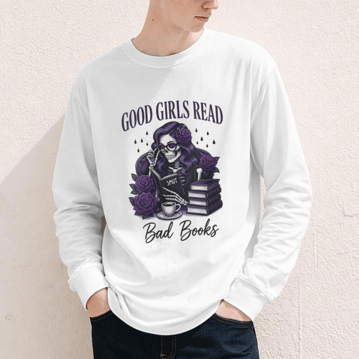 Good Girls Read Bad Books Sarcastic Skeleton Goth Skull Youth Long Sleeve Tee