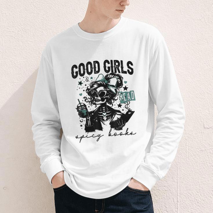 Good Girls Read Spicy Skeleton Book Club Youth Long Sleeve Tee