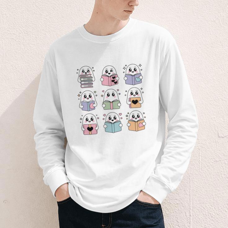 Halloween Ghosts Reading Books Pattern Spooky Kawaii Anime Youth Long Sleeve Tee