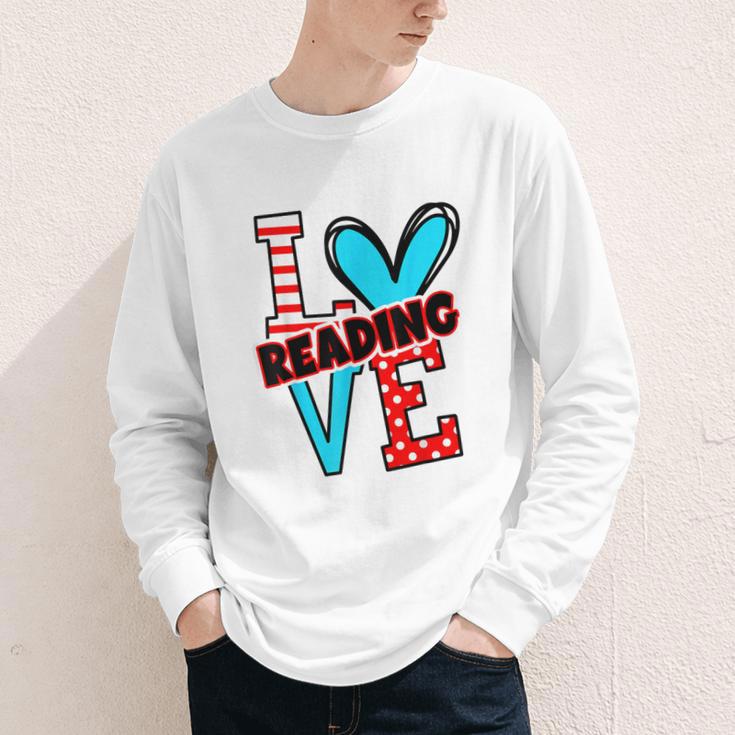 I Heart Books Love Reading Red And Stripe Animated Cat For Men Women Girls Kids Youth Long Sleeve Tee