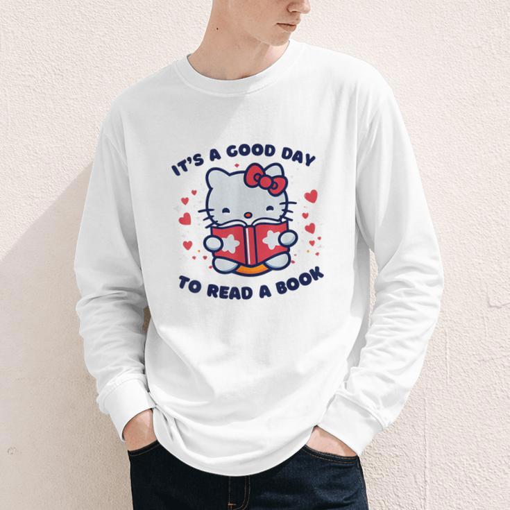 It's a Good Day To Read a Book Cute Cat Book Day Girls Boys Youth Long Sleeve Tee