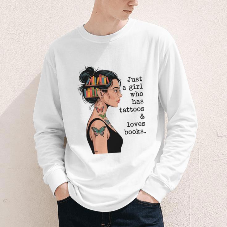 Just a Girl Who Has Tattoos And Love Books Tattooed Inked Youth Long Sleeve Tee