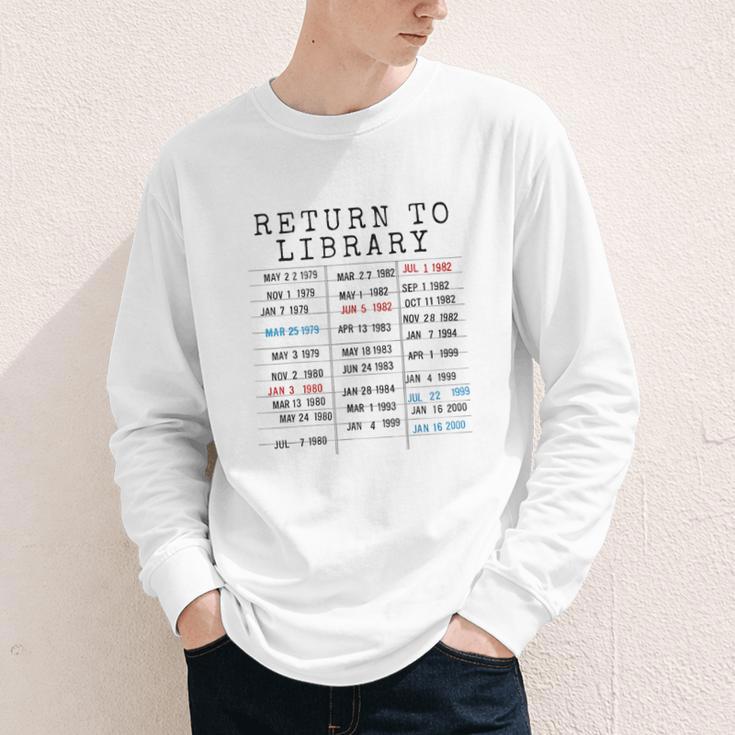 Library Card Due Date Stamp Book Lover Reading Vintage Read Youth Long Sleeve Tee