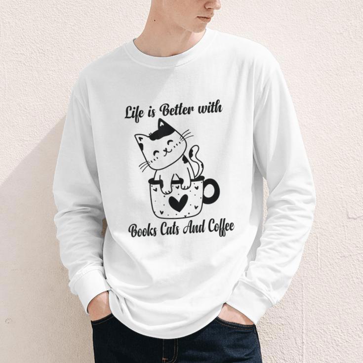 Life Is Better With Books Cats And Coffee Shirt Youth Long Sleeve Tee