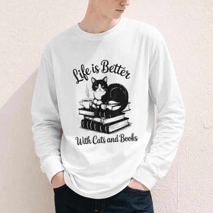 Life Is Better With Cats & Books Tuxedo Cat Mom Women Youth Long Sleeve Tee