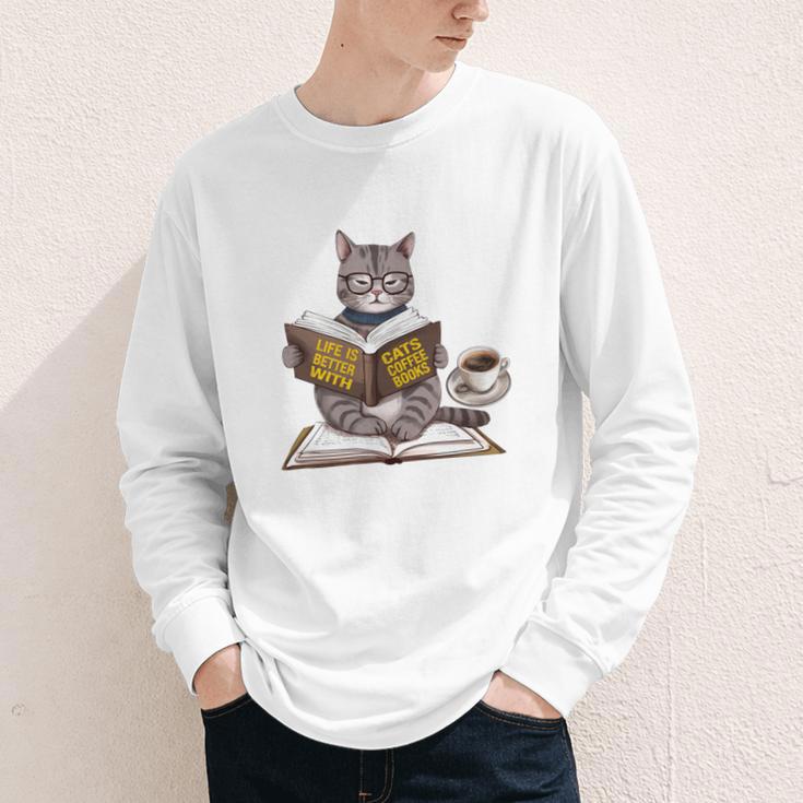 Life Is Better With Cats Coffee Books Cat Reading Book Youth Long Sleeve Tee