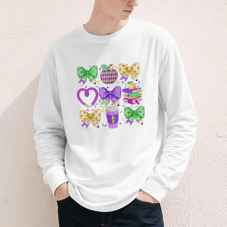 Mardi Gras Teacher Coquette Bow Pencil Apple Book Women Girl Youth Long Sleeve Tee