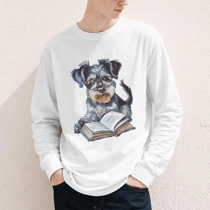 Nerdy Schnauzer Dog Book Lover Glasses Cute Pet For Men Women Kids Youth Long Sleeve Tee