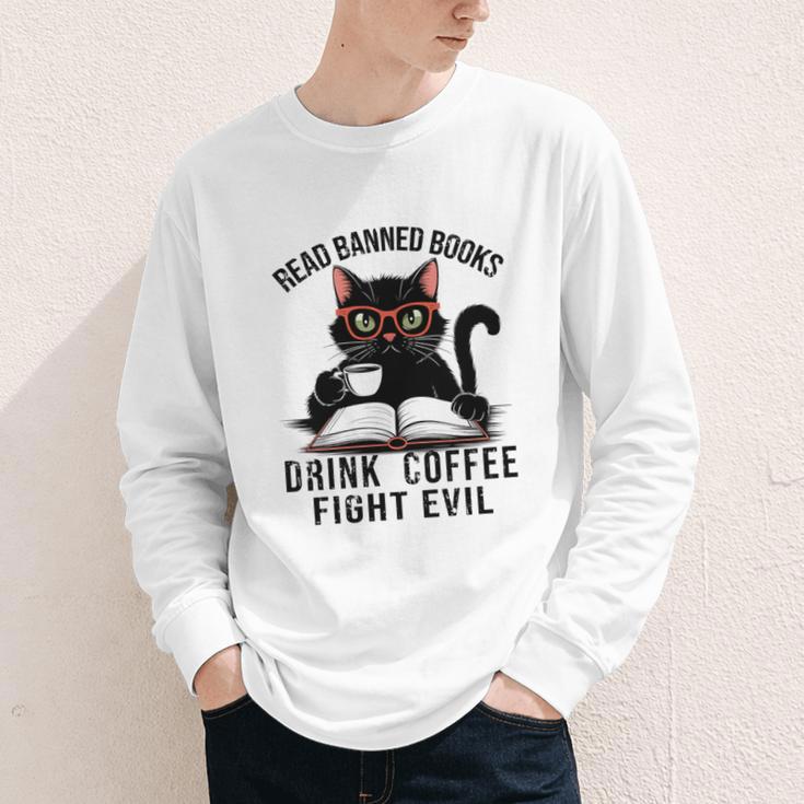 Read Banned Books Drink Coffee Fight Evil Retro Cat Youth Long Sleeve Tee