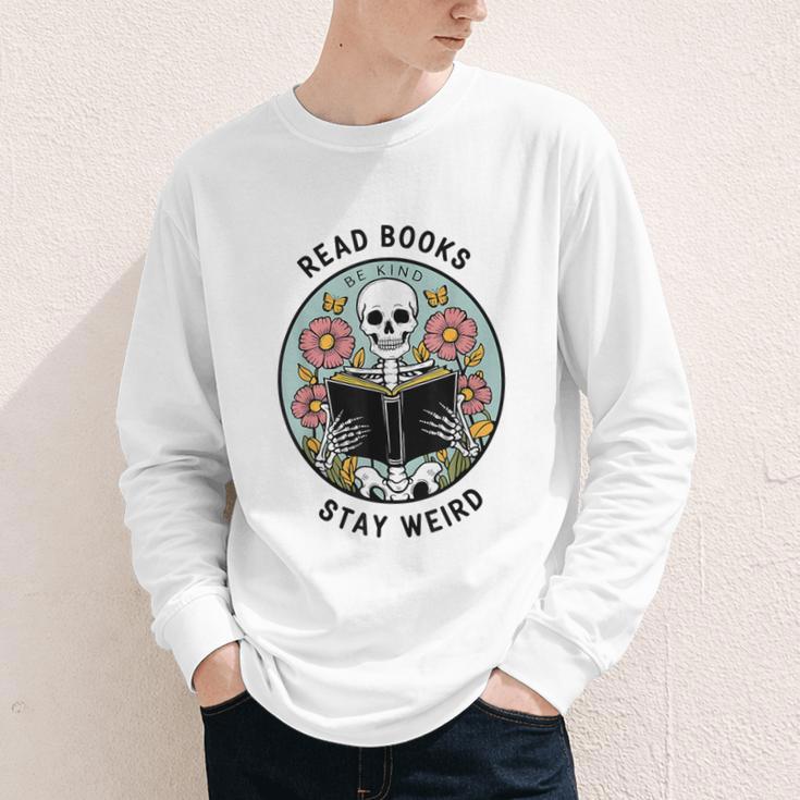 Reader Skeleton Read Books Be Kind Stay Weird Youth Long Sleeve Tee