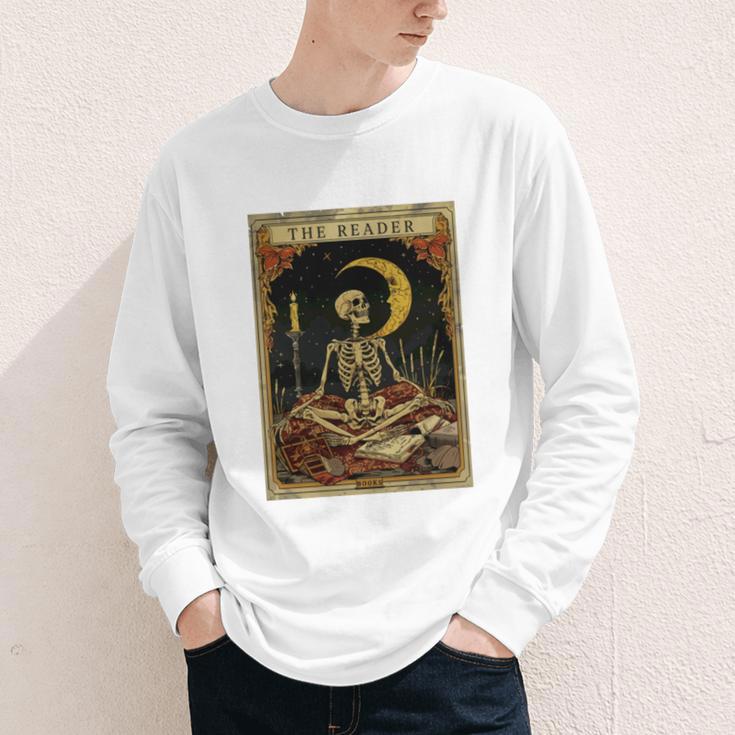 The Reader Tarot Card Book Lover Skeleton Art Goth Style Youth Long Sleeve Tee