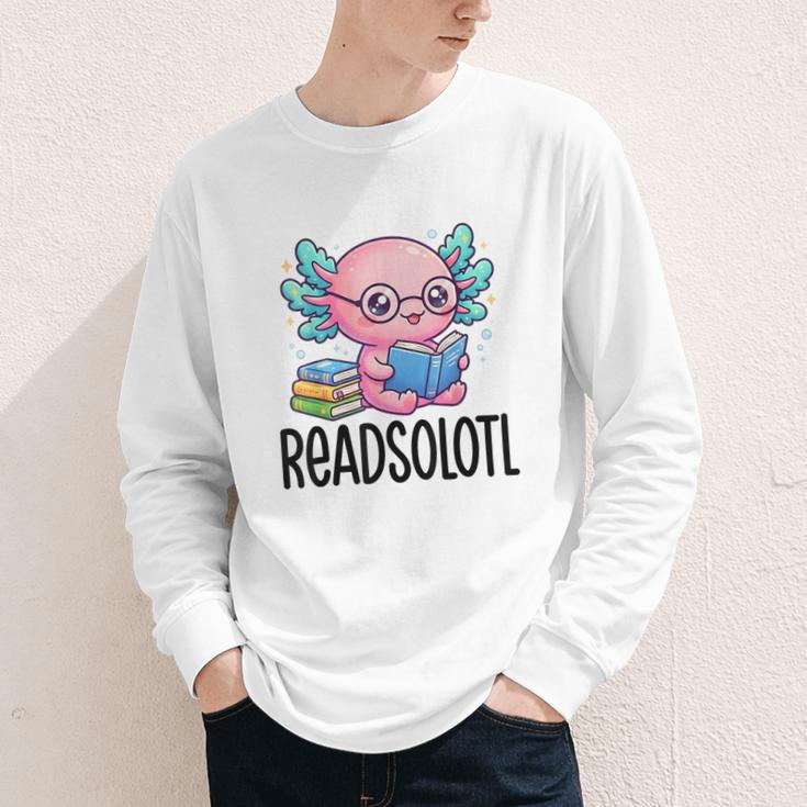 Readsolotl Cute Axolotl Reading Book Kawaii Pink Aesthetic Youth Long Sleeve Tee