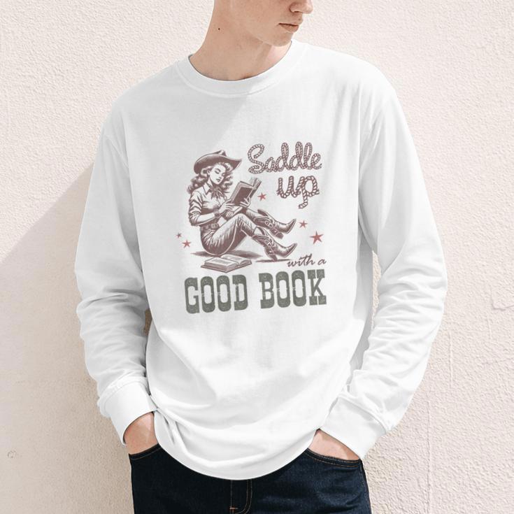 Retro Cowgirl ReadingTee Saddle Up With A Good Book Western Youth Long Sleeve Tee