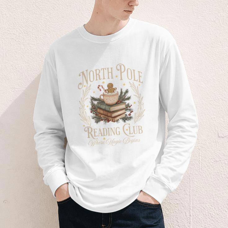 Retro North Pole Reading Club Hot Cocoa Book Lovers Xmas Youth Long Sleeve Tee