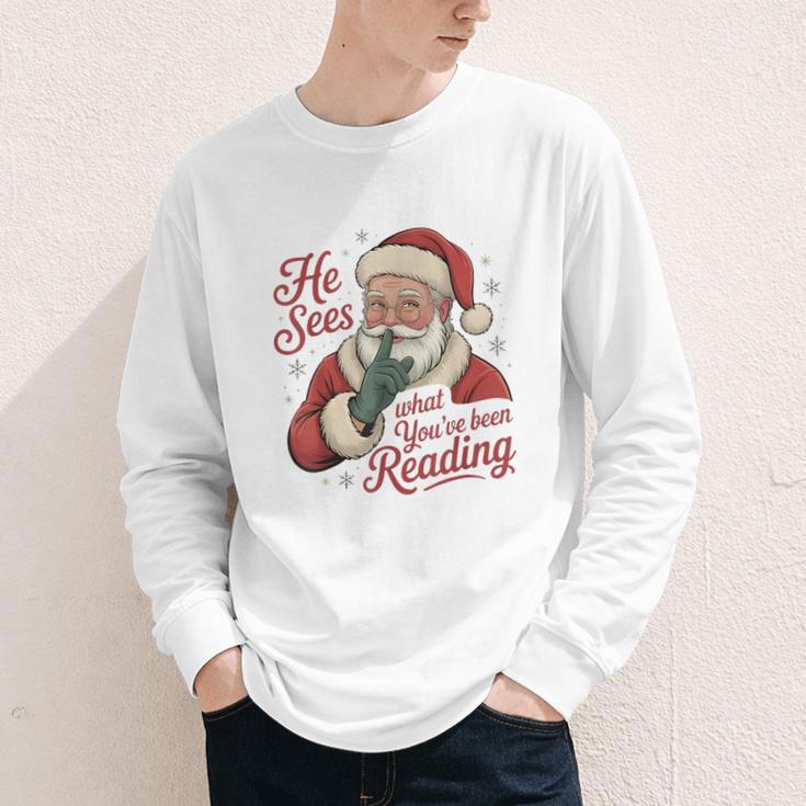 He Sees What You'Ve Been Reading Bookish Christmas Humor Youth Long Sleeve Tee