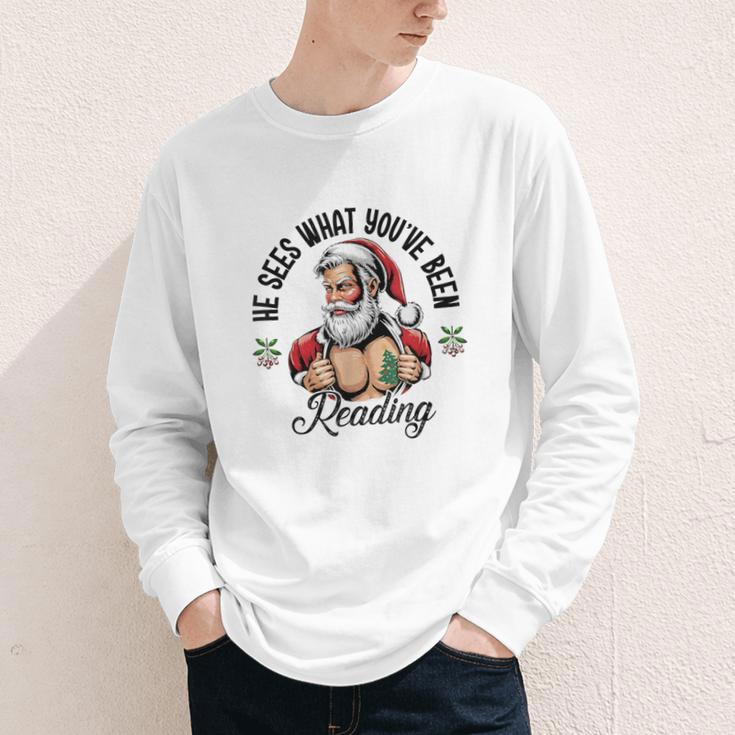 He Sees What You'Ve Been Reading Santa Xmas Book Lover Youth Long Sleeve Tee He Sees What You'Ve Been Reading Santa Xmas Book Lover Youth Long Sleeve Tee