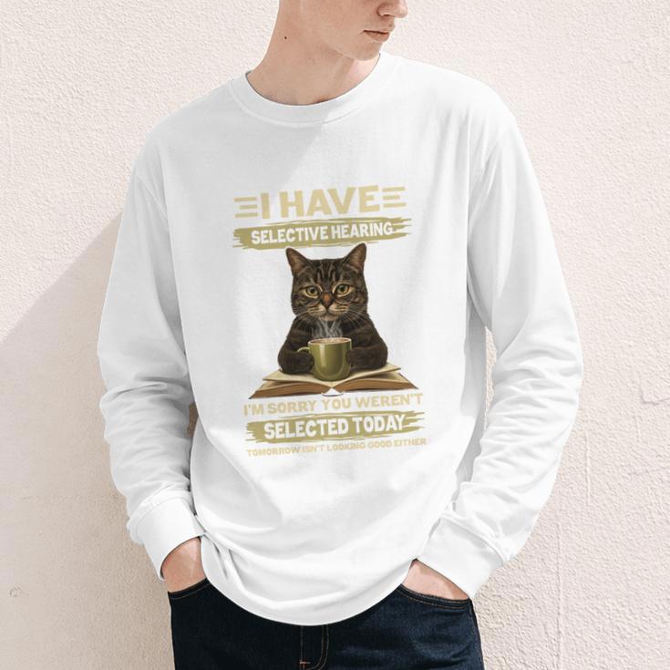 i Have Selective Hearing Cat Coffee Books Retro Youth Long Sleeve Tee