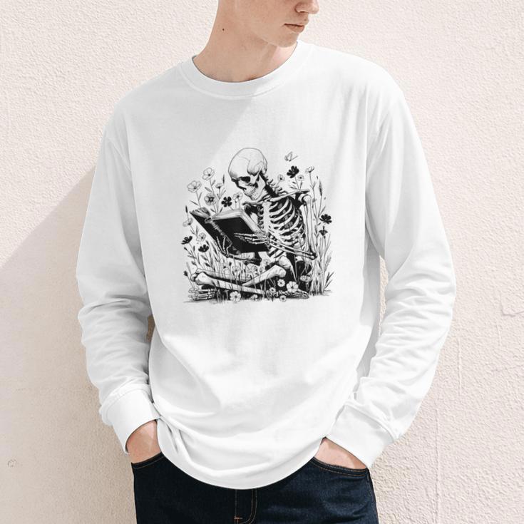 Skeleton Skull Halloween Book Reading Books Lover Teacher Youth Long Sleeve Tee