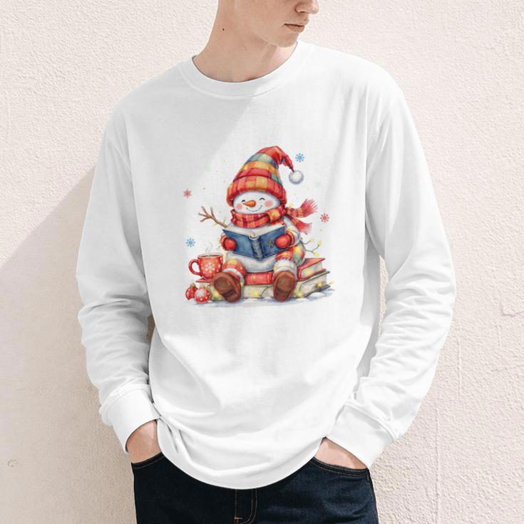 Snowman Reading Books Lovers Christmas Librarian Bookworm Youth Long Sleeve Tee