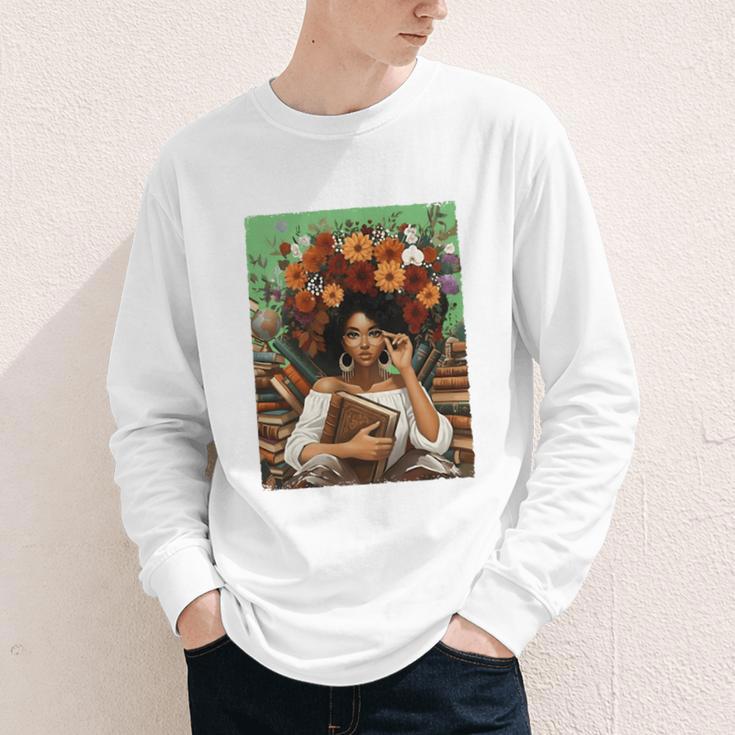 History Month Black Afro Girl Women Book Lovers Floral Youth Long Sleeve Tee